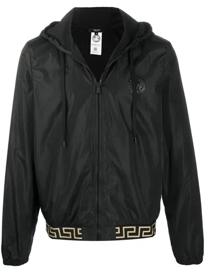 Versace Logo Nylon Zip-up Windbreaker Jacket In Black