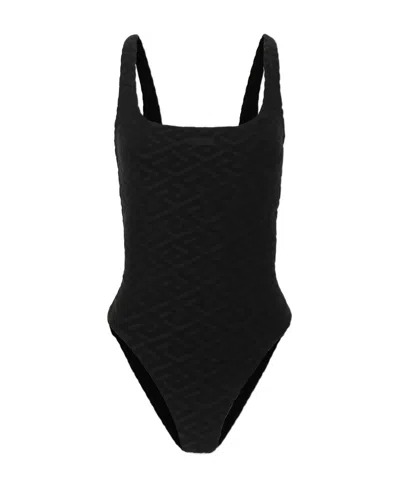 Versace Square-neck Logo-pattern Swimsuit In Black