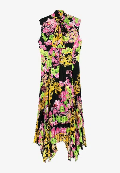 VERSACE LOGO ORCHID PRINT MIDI DRESS
