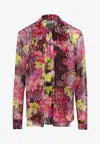 Versace Logo Orchid Print Silk Shirt In Multicolor