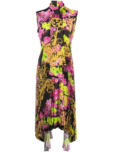 Versace Logo Orchid-print Midi Dress In Pink