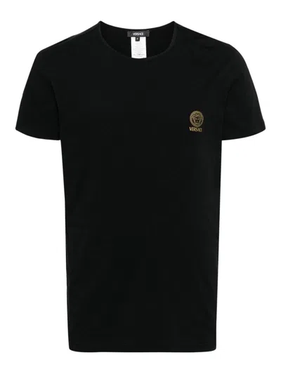 Versace White Crewneck T-shirt With Medusa Print On The Front In Black