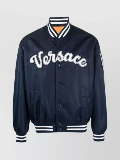 Versace Logo Patch Baseball Collar Jacket In Blue