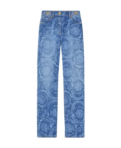 Versace Logo-patch Denim Jeans In Blue