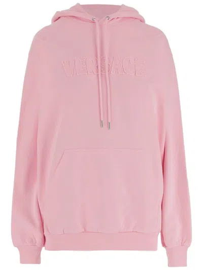 Versace Logo Patch Drawstring Hoodie In Pink