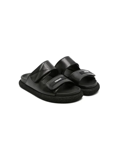 Versace Kids' Logo-patch Leather Slides In Black