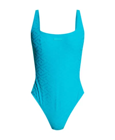 Versace Logo Patch Monogram-print Swimsuit In Blue