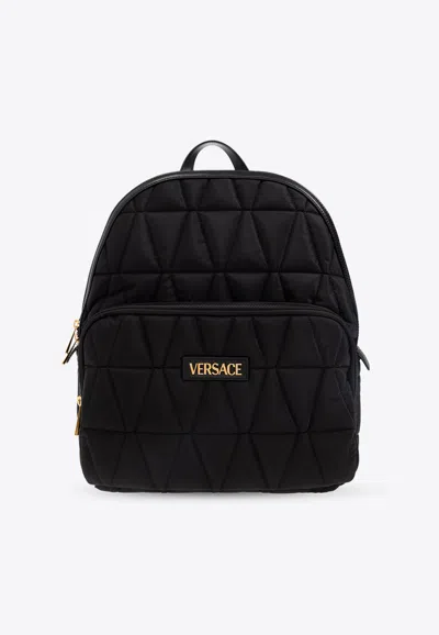 Versace Logo-patch Quilted Backpack In Black