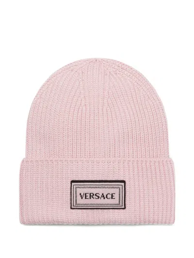 Versace Logo-patch Ribbed Beanie Hat In Brown