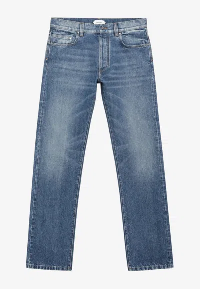 Versace Logo Patch Straight-leg Washed Denim Pants In Blue
