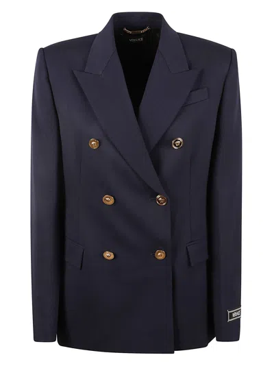 Versace Logo Patched Dinner Jacket In Navy Blue