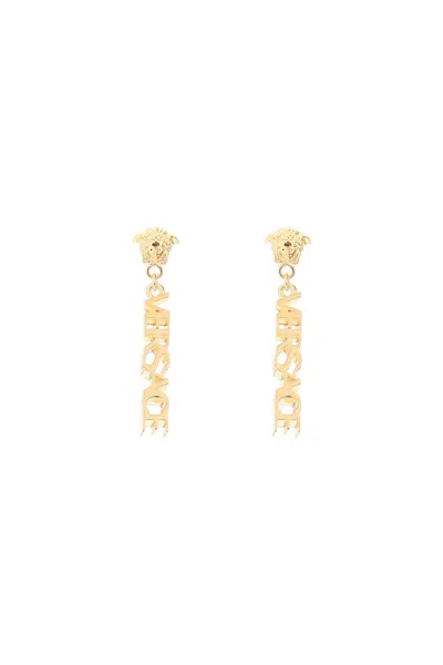 Versace Logo Pendant Earrings In Gold