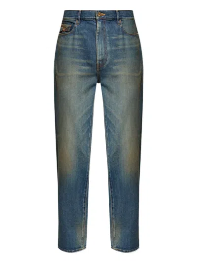Versace Logo-plaque Cotton Jeans In Blue