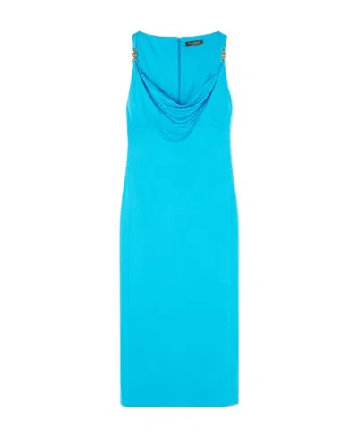 Versace Logo-plaque Cowl-neck Midi Dress In Mediterranean Blue