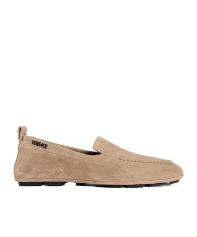 Versace Logo-plaque Leather Loafers In Nude