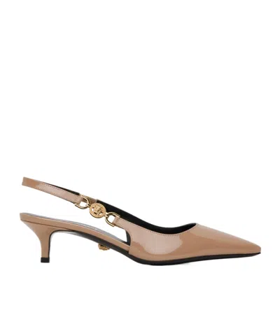 Versace Logo-plaque Leather Pumps In Brown