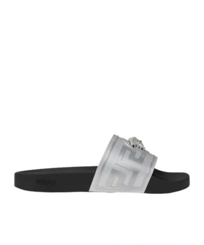 Versace Logo Plaque Open-toe Slippers In Gray