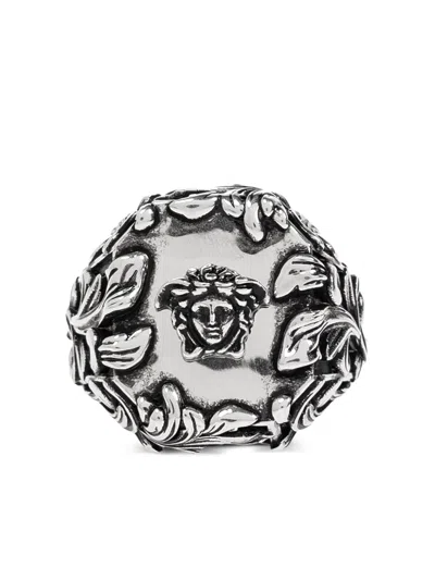 Versace Logo-plaque Ring In Silver