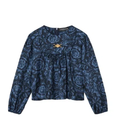 Versace Logo-plaque Silk Blouse In Blue