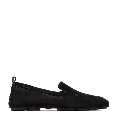 Versace Logo-plaque Suede Loafers In Black