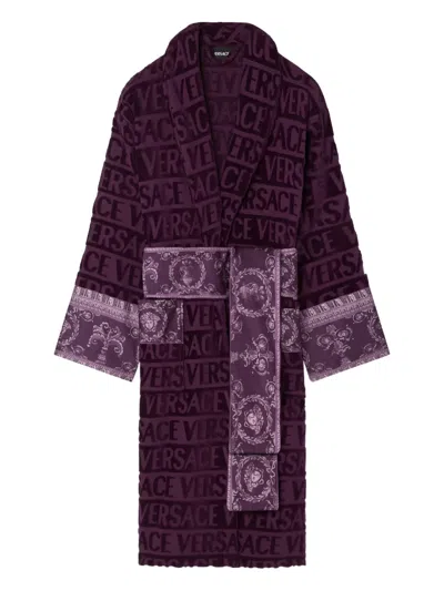 Versace Logo-print Belted Bathrobe In Purple