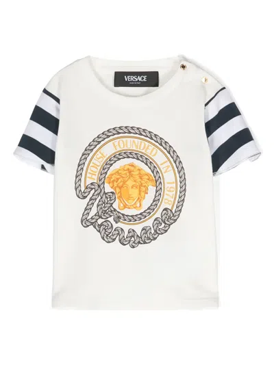 Versace Babies' Logo-print Cotton-blend T-shirt In 白色