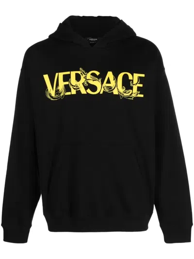 Versace Black Hoodie With Prominent Logo Print In Animal Print