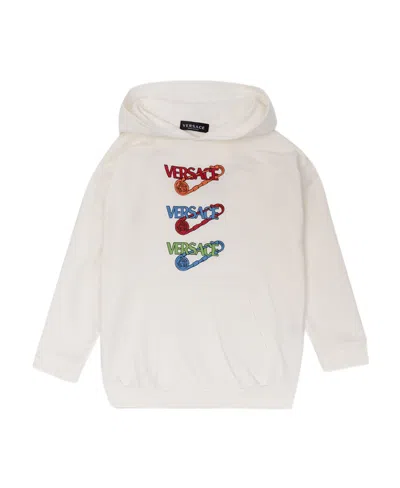 Versace Logo Print Cotton Hoodie In White