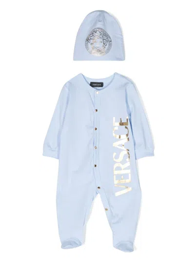 Versace Babies' Logo-print Cotton Romper Set In Blue