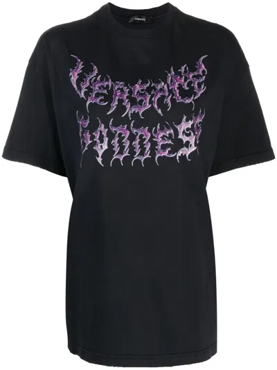 Versace Punkish Logo Print Cotton T-shirt In Black