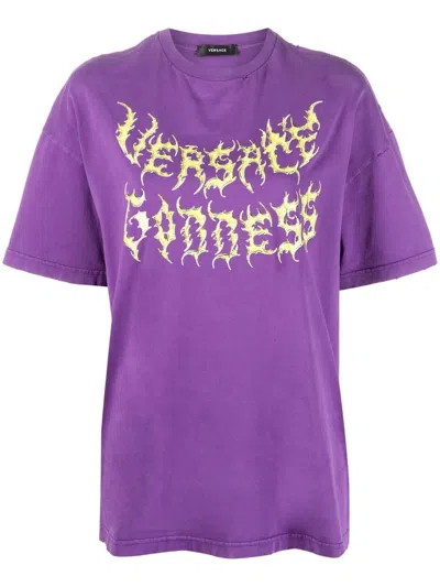 Versace Logo-print Cotton T-shirt In Bright Dark Orchid