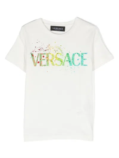 Versace Kid's Paint Splatter Logo-print T-shirt In Whitelightblue