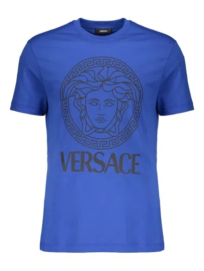 Versace Blue Medusa Cotton Soft T-shirt In Animal Print