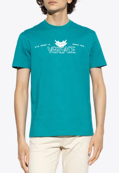 Versace Logo Print Crewneck T-shirt In Blue