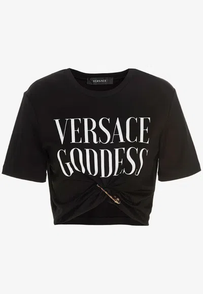 Versace Logo Print Cropped T-shirt In Black