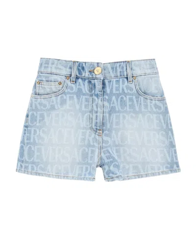 Versace Logo-print Denim Shorts In Blue