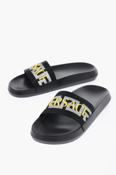 Versace Logo Print Fabric Slides In Black