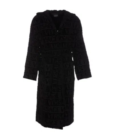 Versace Logo-print Hooded Robe In Black
