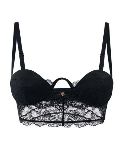 Versace Logo-print Lace Balconette Bra In Black