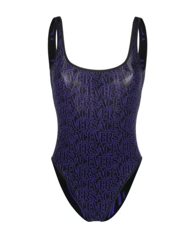 Versace Logo-print Low-back Reversible Swimsuit In Blue