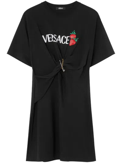 Versace Safety Pin Embroidered Mini T-shirt Dress In Black