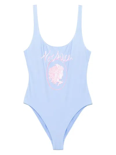 Versace Medusa One-piece Swimsuit In Stone Blue Pastel Pink