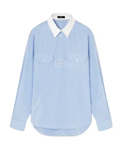 Versace Logo-print Pinstripe Cotton Shirt In Blue