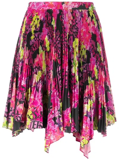 Versace Multicolor Asymmetric Pleated Mini-skirt With Logo Orchid Print