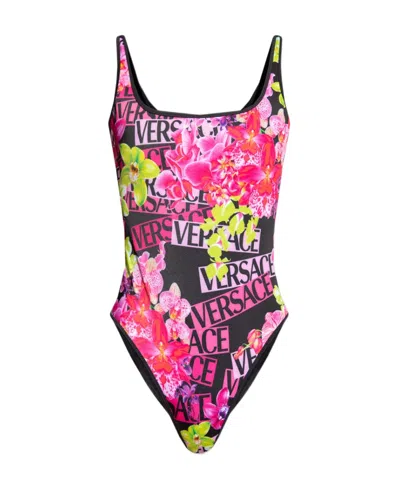 Versace Logo-print Scoop Swimsuit In Black