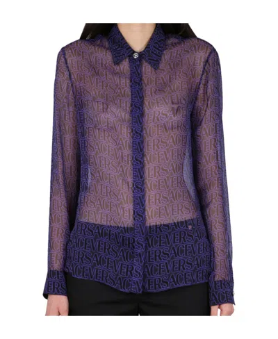 Versace Logo-print Semi-sheer Silk Shirt In Purple