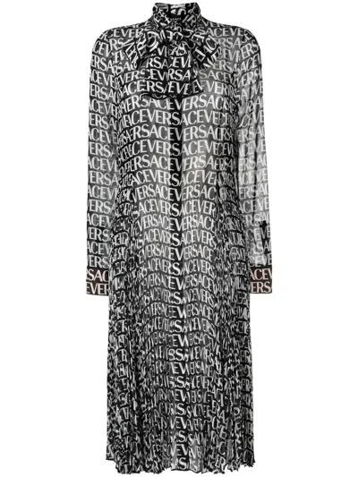 Versace Logo-print Silk-chiffon Midi Dress In Black