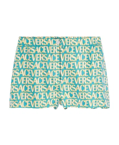 Versace Allover Logo Print Silk Twill Shorts In Multi