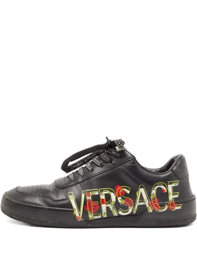 Pre-owned Versace Logo-print Sneakers In Black