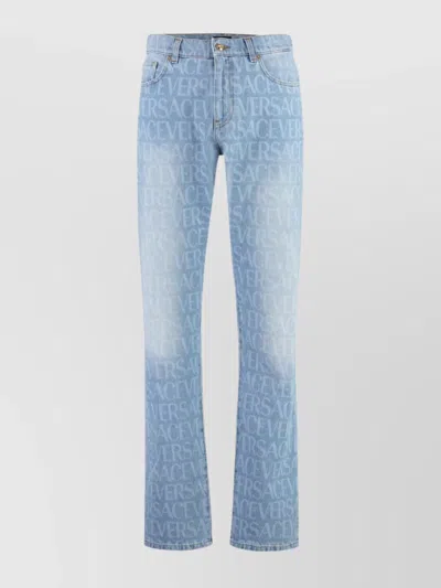 Versace Logo Print Straight-leg Jeans In Blue